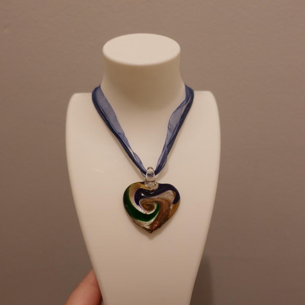 Art Glass Heart Pendant Necklace Swirl Ribbon Cord Y2K Colorful Statement